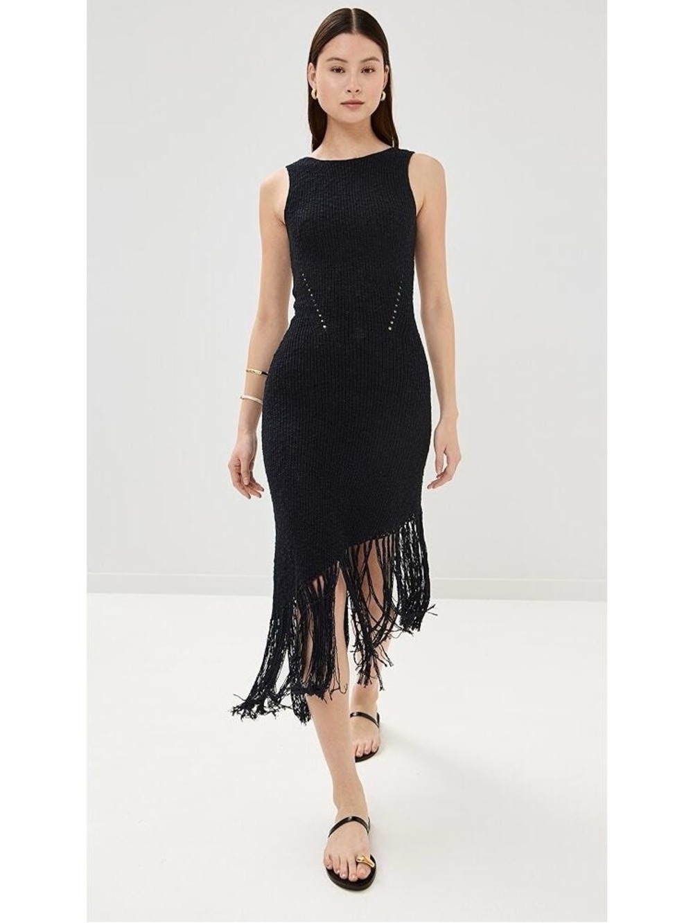 Rails Rylee Black Knitted Asymmetrical Sleeveless Fringe MIDI Dress